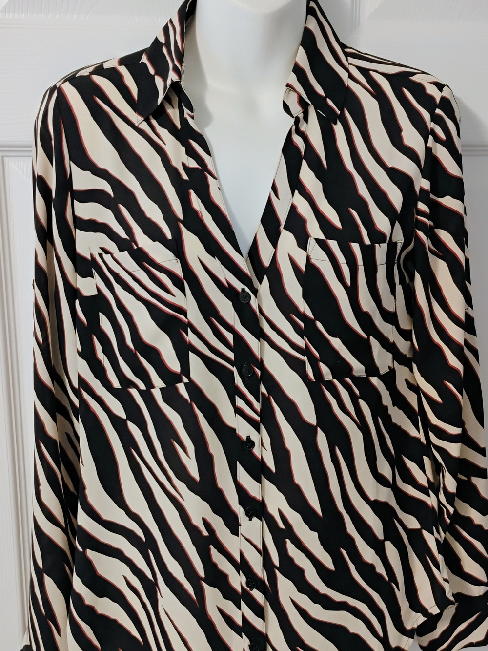 Express Zebra-Print Button Down Shirt in Black and Cream with Red Accent